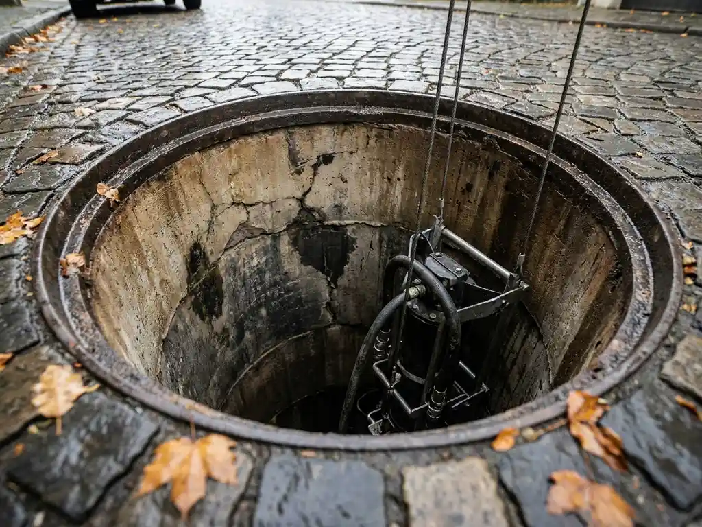 Sanierungsgerät wird in einen verwitterten Betonschacht mit rissigen Wänden abgesenkt, nasses Kopfsteinpflaster im Hintergrund.