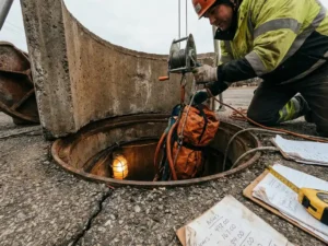 Fachmann lässt Sanierungsauskleidung in verwitterten Betonschacht, Kostendokumente und Maßband auf rissigem Asphalt daneben.