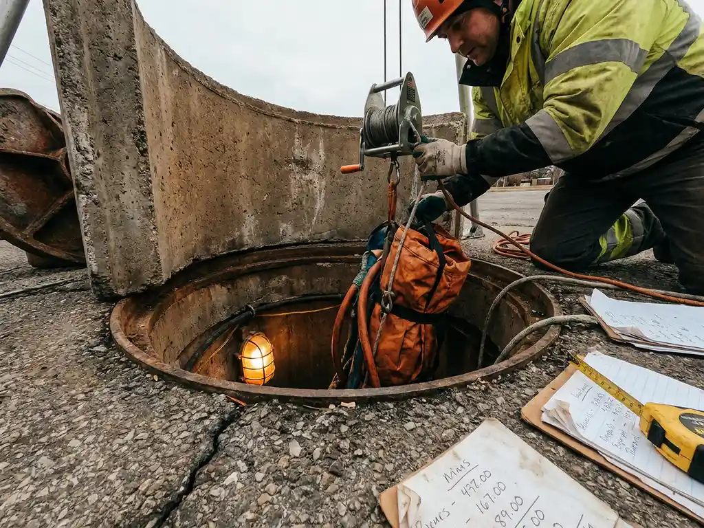 Fachmann lässt Sanierungsauskleidung in verwitterten Betonschacht, Kostendokumente und Maßband auf rissigem Asphalt daneben.