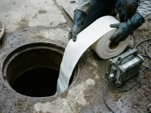 Harzbeschichteter Linerschlauch wird neben einem geöffneten Kanalzugang ausgerollt, UV-Lampe auf nassem Untergrund bereit.