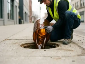 Techniker führt harzbeschichteten Inliner in eine unterirdische Rohrleitung ein, Straßenbelag unberührt, Schlauchlinertechnik.