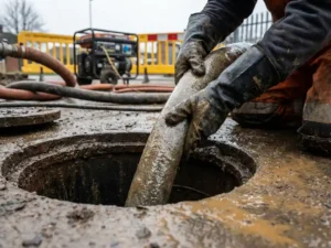 Techniker führt harzdurchtränkten Filzschlauch in unterirdische Rohrleitung ein, Schlauchlining-Sanierung auf feuchtem Betonuntergrund.