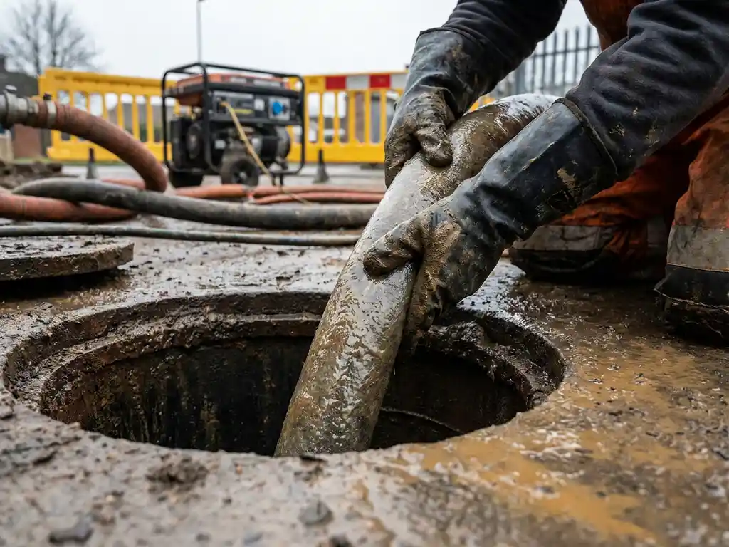 Techniker führt harzdurchtränkten Filzschlauch in unterirdische Rohrleitung ein, Schlauchlining-Sanierung auf feuchtem Betonuntergrund.