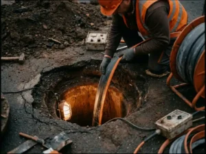 Techniker führt flexiblen Harzschlauch in unterirdische Rohrleitung ein, Schlauchrelining ohne Straßenaufbruch.