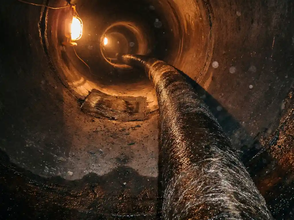 Flexibles Harzliner-Rohr im dunklen Untergrundkanal, reparierte Betonabschnitte im warmen Arbeitslicht bei Rohrsanierung.