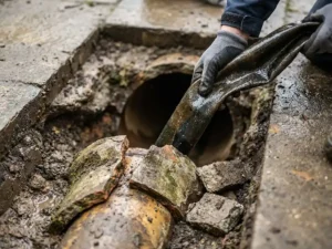 Flexibler Inliner wird in beschädigtes Untergrundrohr eingeführt, rissiges altes Rohr im Vordergrund, Schlauchlining-Sanierung.