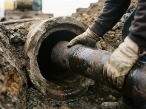 Techniker führt harzgetränkten Inliner in altes Betonrohr ein, Erdreich und Rohrquerschnitt sichtbar.