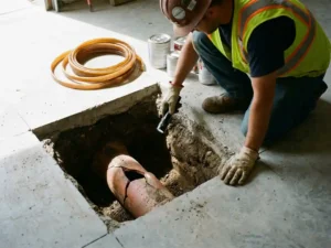 Techniker inspiziert beschädigtes Untergrundrohr unter aufgebrochenem Betonboden, Epoxidharz-Liner-Material sichtbar daneben.