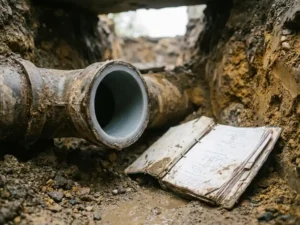 Sanierte Untergrundrohrverbindung mit glatter Harzauskleidung, umgeben von verdichtetem Erdreich und technischem Normenordner daneben.