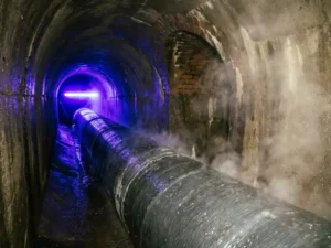 Flexibler Rohrliner in einem Abwasserkanal, eine Seite in ultraviolettes Licht getaucht, die andere von weißem Dampf umhüllt.