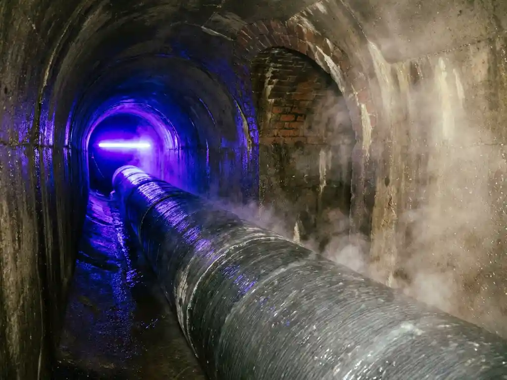Flexibler Rohrliner in einem Abwasserkanal, eine Seite in ultraviolettes Licht getaucht, die andere von weißem Dampf umhüllt.