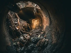 Verstopftes Abwasserrohr mit Ablagerungen, Wurzeln und Schmutz, aufgenommen durch eine Rohrinspektionskamera im Dunkeln.