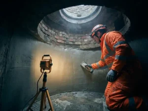 Techniker in Schutzausrüstung trägt zementöse Innenbeschichtung in einem gemauerten Kanalschacht auf, beleuchtet von Arbeitslampe.