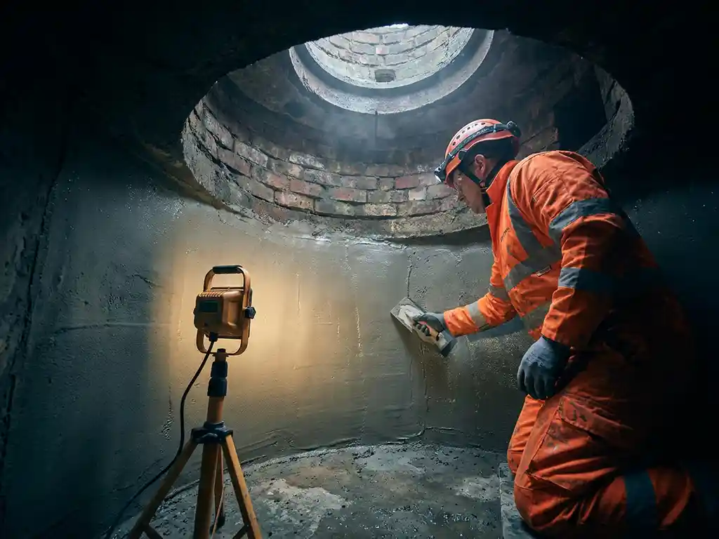 Techniker in Schutzausrüstung trägt zementöse Innenbeschichtung in einem gemauerten Kanalschacht auf, beleuchtet von Arbeitslampe.