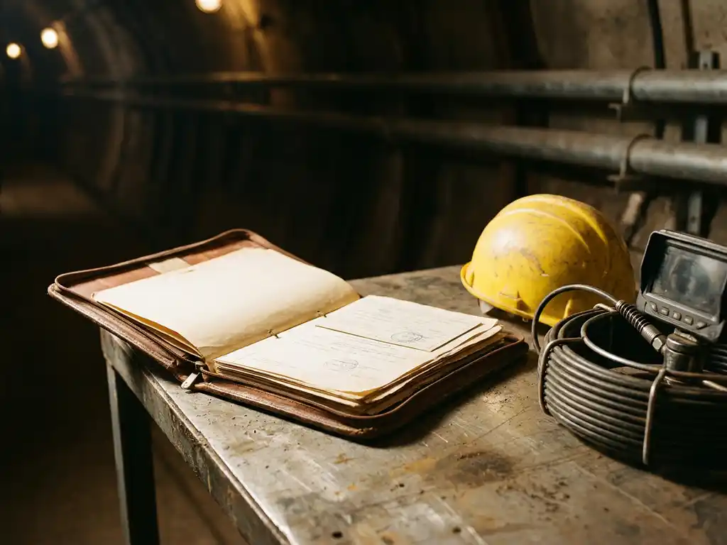 Aufgeschlagener Lederordner mit Zertifizierungsdokumenten, gelbem Schutzhelm und Rohrinspektionswerkzeug auf Metalloberfläche, unterirdische Infrastruktur im Hintergrund.