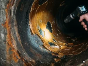 Gerissene und delaminierte Harzauskleidung in einem unterirdischen Betonrohr, beleuchtet von einer Inspektionskamera.