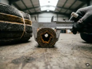 Flexibles Filzrohr-Inliner wird mit Messschieber auf verwittertem Beton vermessen, gerolltes Linermaterial im Hintergrund.