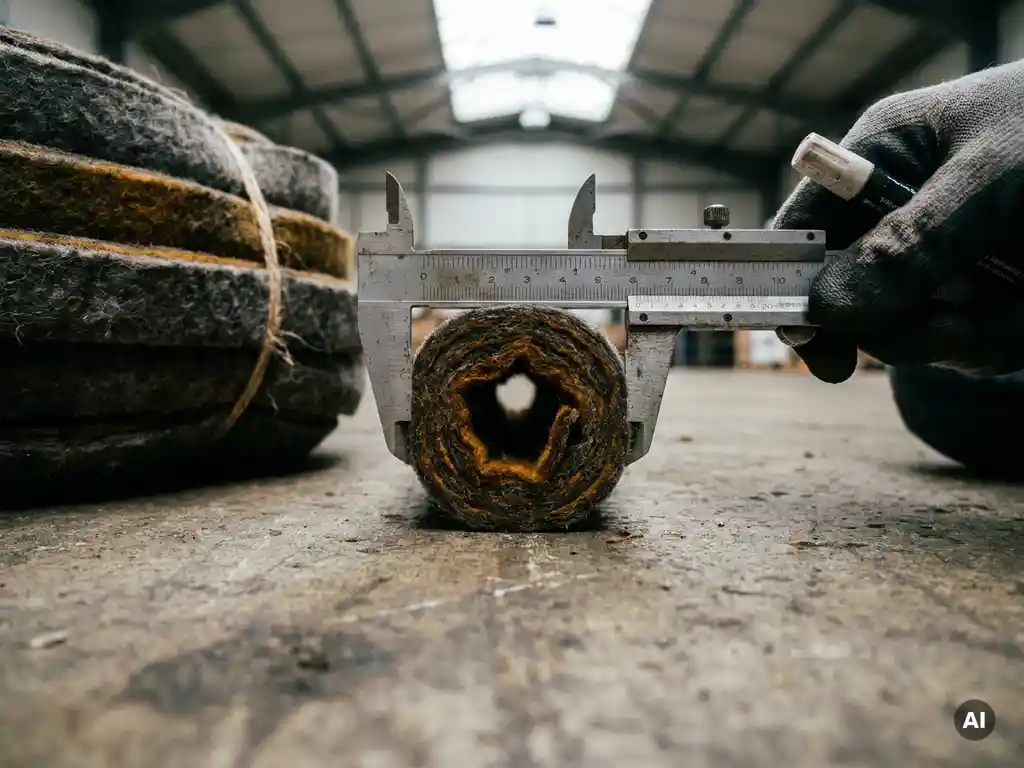 Flexibles Filzrohr-Inliner wird mit Messschieber auf verwittertem Beton vermessen, gerolltes Linermaterial im Hintergrund.
