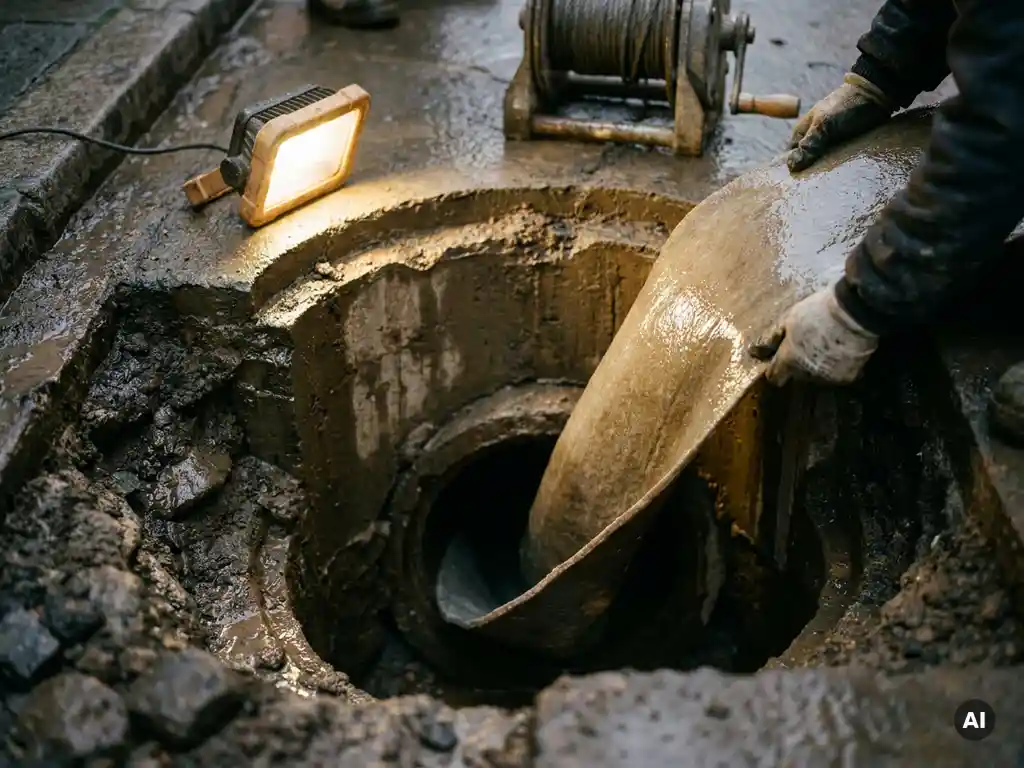 Harzbeschichteter Filzschlauch wird in einen unterirdischen Kanal eingeführt, feuchter Beton und Rohrquerschnitt sichtbar.