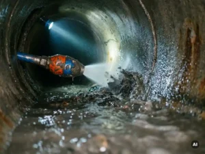 Hochdruckspüldüse reinigt Betonkanalrohr, Schmutzwasser und Ablagerungen strömen zur Kamera, nasse Rohrwände im Inspektionslicht.