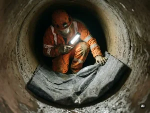 Techniker in Schutzausrüstung untersucht Filzliner mit Luftblase und Faltenbildung in dunklem Untergrundkanal.