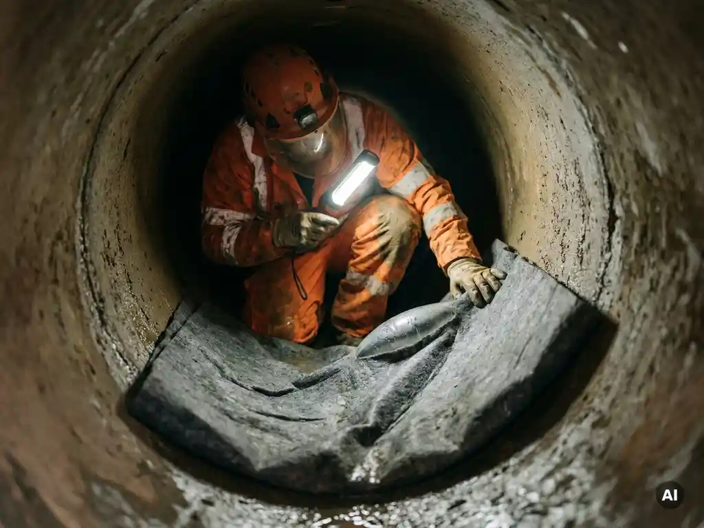 Techniker in Schutzausrüstung untersucht Filzliner mit Luftblase und Faltenbildung in dunklem Untergrundkanal.