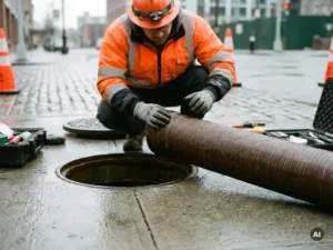 Inspektor in Schutzausrüstung prüft frisch installierten Inliner an geöffnetem Kanalschacht auf feuchter Stadtstraße.