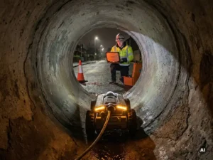 CCTV-Inspektionskamera-Crawler beleuchtet deteriorierte Betonkanalwand, während Techniker oberirdisch Kameraaufnahmen auf Laptop überwacht.