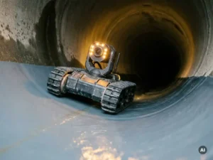 Inspektionskamera auf Crawler-Roboter in frisch ausgekleidetem Abwasserkanal, glatte Harzoberfläche im Tunnelblick mit Arbeitslichtern beleuchtet.