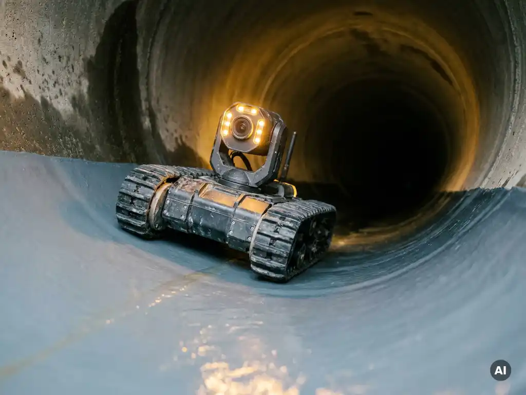 Inspektionskamera auf Crawler-Roboter in frisch ausgekleidetem Abwasserkanal, glatte Harzoberfläche im Tunnelblick mit Arbeitslichtern beleuchtet.