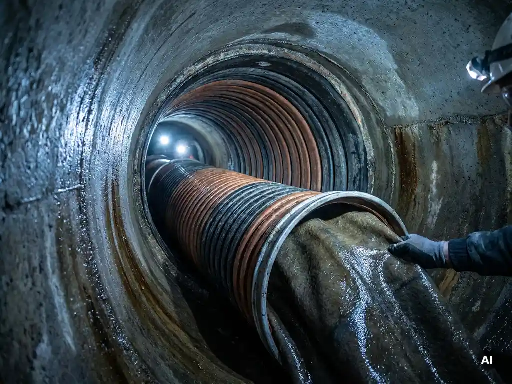 Frische harzgetränkte CIPP-Liner wird in ein bereits saniertes unterirdisches Abwasserrohr eingeführt, feuchte Betonwände im Tunnelblick.