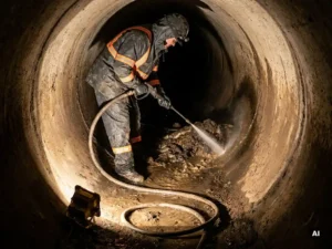Techniker in Schutzausrüstung reinigt Betonkanalrohr mit Hochdruckreiniger, Schmutzwasser und Ablagerungen fließen ab.
