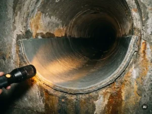 Frisch ausgehärteter Rohrliner in einem unterirdischen Betonkanal, glatte Harzoberfläche im Inspektionslicht, sichtbare Schichtdicke an der Kanalwand.