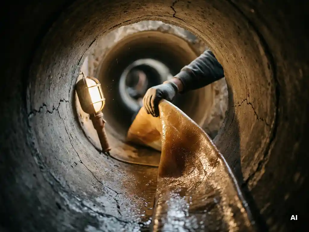 Harzbeschichteter Inliner wird in einen gerissenen Betonkanal eingeführt, beleuchtet von einer Arbeitslampe bei der schlauchlosen Kanalsanierung.