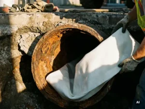 Flexibler Rohrliner wird in korrodiertes Abwasserrohr eingeführt, rostfarbene Wandungen mit Lochfraß, Nahaufnahme.