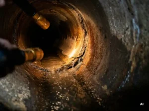 Gerissene Rohrinnensanierung in einem dunklen Abwasserkanal mit Wasseraustritt an der Harzharzfuge, Nahaufnahme bei Taschenlampenbeleuchtung.