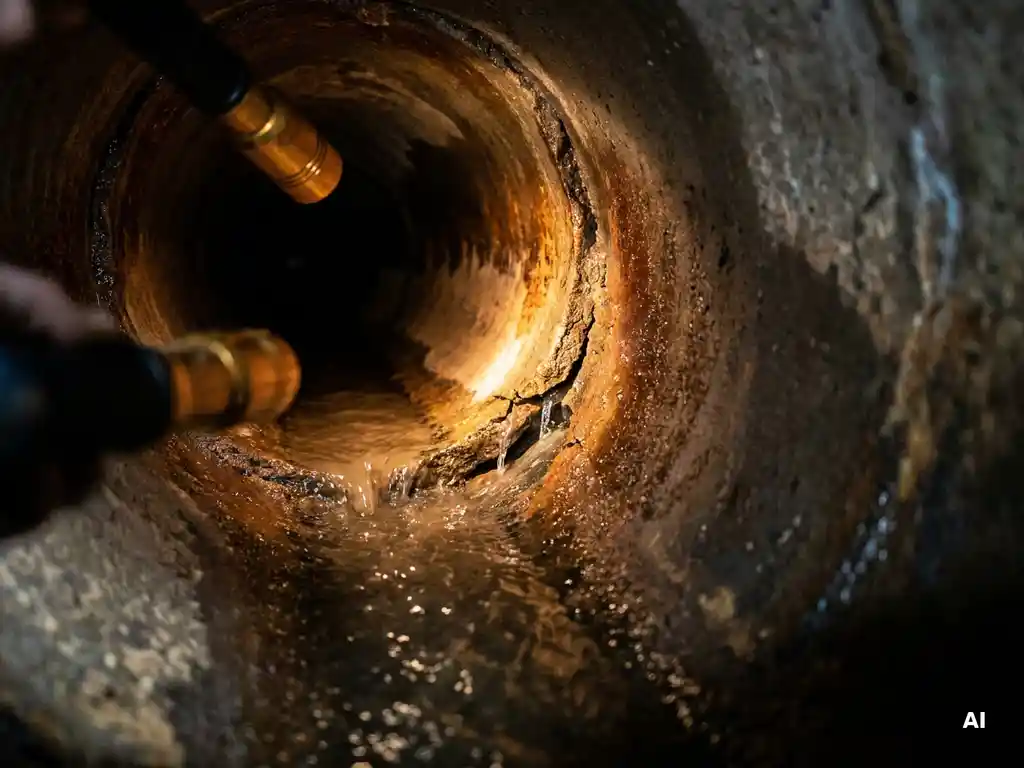 Gerissene Rohrinnensanierung in einem dunklen Abwasserkanal mit Wasseraustritt an der Harzharzfuge, Nahaufnahme bei Taschenlampenbeleuchtung.