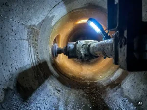 Roboter-Fräskopf öffnet einen Seitenzulauf in ausgehärtetem Inliner innerhalb eines dunklen Abwasserrohrs, Nahaufnahme mit Arbeitslicht.