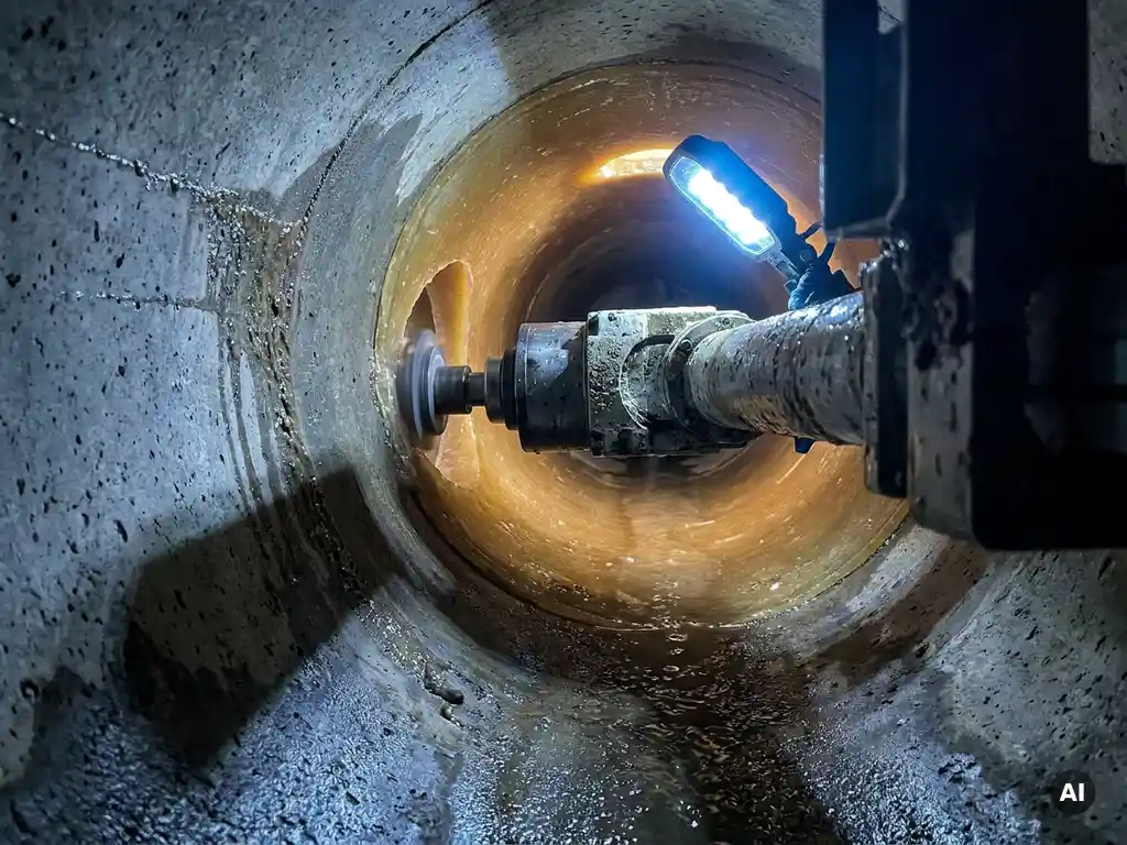 Roboter-Fräskopf öffnet einen Seitenzulauf in ausgehärtetem Inliner innerhalb eines dunklen Abwasserrohrs, Nahaufnahme mit Arbeitslicht.