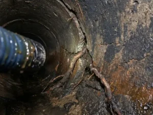 Schadhafte Kanalrohrinnenwand mit Wurzeleinwuchs und Ablagerungen, harzbeschichteter Inliner am Rohreingang sichtbar.