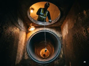Techniker in Schutzausrüstung lässt Inspektionskamera in sanierten Kanal mit glatter Harzauskleidung unter Kanaldeckel.