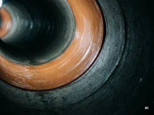 Querschnitt eines harzgetränkten Schlauchliner in einer engen Rohrbiegung unter der Erde, umgeben von feuchtem Betonrohr.