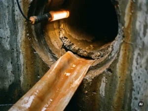 Flexibler Harzliner wird in eine beschädigte Untergrundrohrverbindung eingeführt, beleuchtet von warmem Arbeitslicht auf gealtertem Beton.