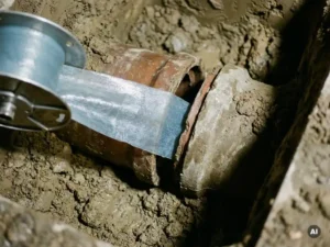 Flexibler Rohrliner aus harzgetränktem Material wird in einen versetzten Rohrverbindungsbereich eingezogen, Querschnitt im Lehmbodengraben sichtbar.
