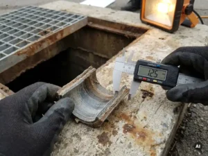 Querschnitt einer Rohrauskleidung wird mit einem Messschieber auf Wandstärke geprüft, auf verwittertem Beton nahe einem Kanalschacht.