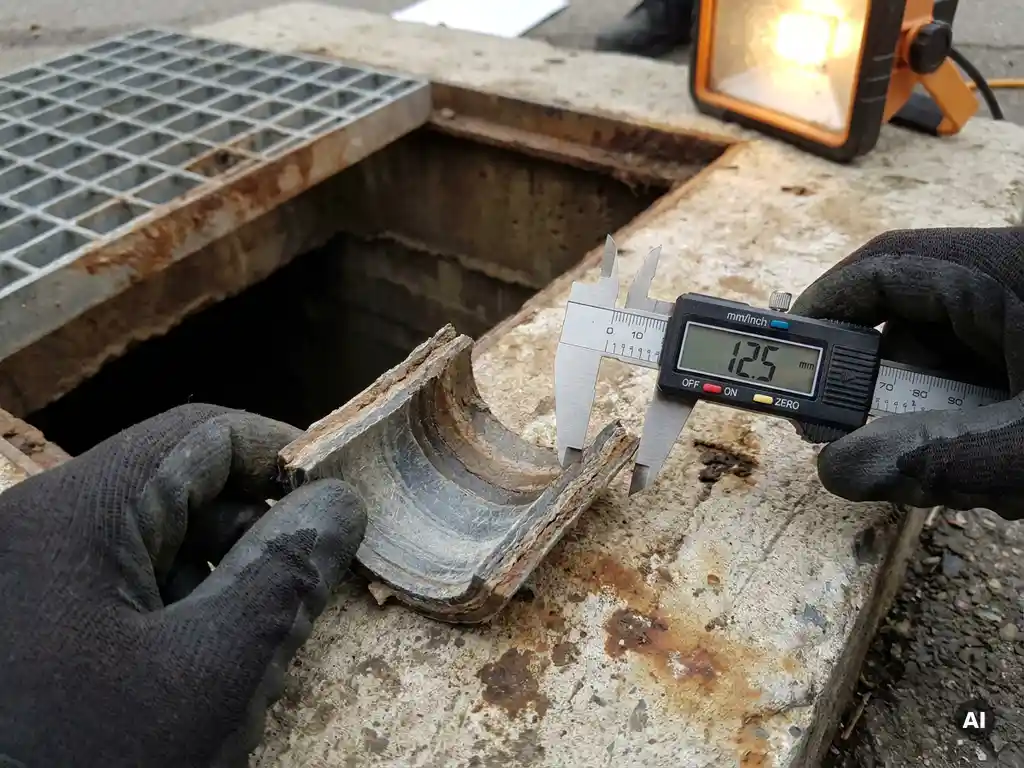 Querschnitt einer Rohrauskleidung wird mit einem Messschieber auf Wandstärke geprüft, auf verwittertem Beton nahe einem Kanalschacht.