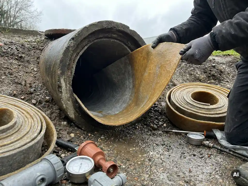 Harzbeschichteter Filzliner wird in eine unterirdische Rohrleitung eingeführt, Linerrolle und Kalibrierungswerkzeug auf feuchtem Boden daneben.