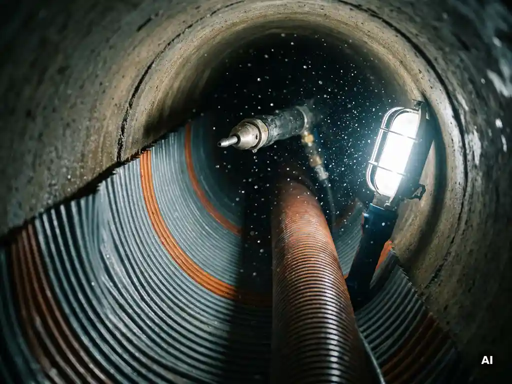 Flexibler Rohrliner in dunklem Abwasserkanal mit Hochdruckwasserdüse, Wassertröpfchen im Gegenlicht, dramatische Seitenbeleuchtung.