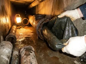 Harzhaltiger Inliner wird in dunkle Kanalöffnung eingeführt, daneben Rohrabschnitte verschiedener Durchmesser auf feuchtem Beton im Tunnellicht.