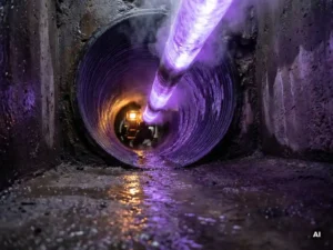 Harzendes Filzliner-Inliner unter violettem UV-Licht beim Aushärten in einem dunklen Untergrundrohr mit feuchten Betonwänden.